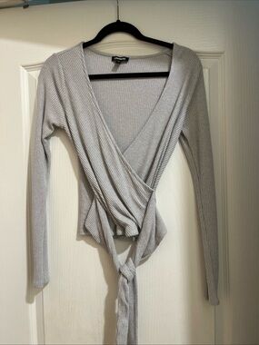 Express Light Gray Ribbed Wrap Tie-Front Top